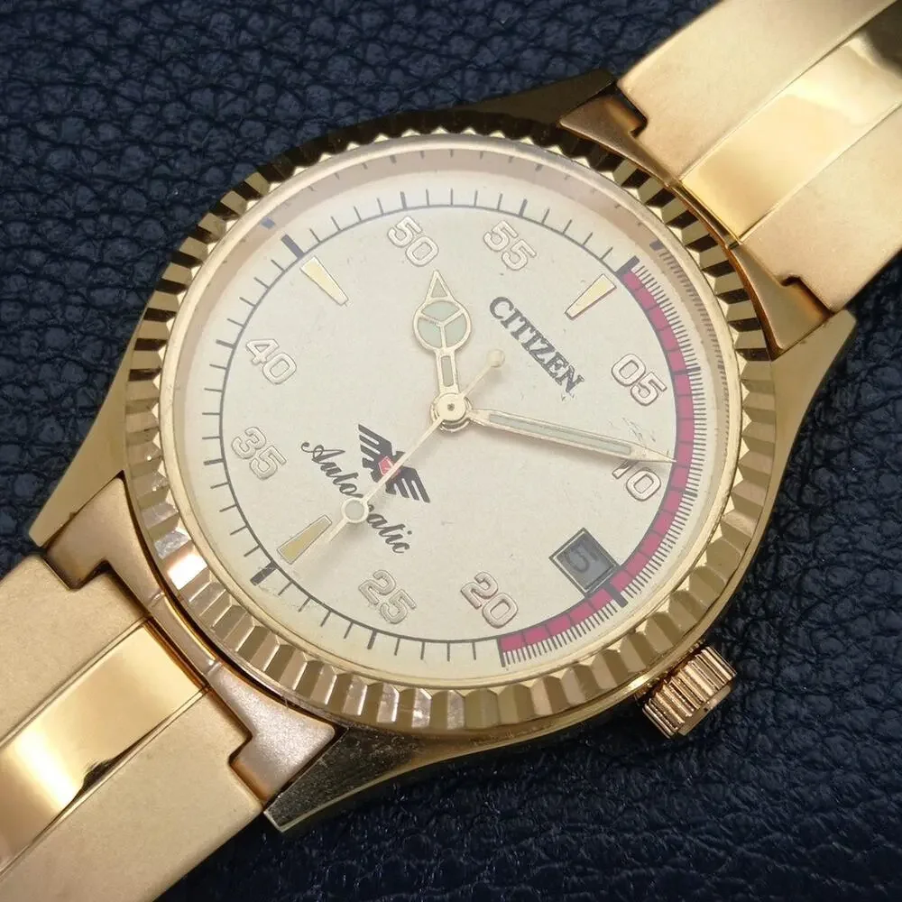 Vintage 1971 Citizen Automatic Mens Gold Watch W/daydate & Red accents